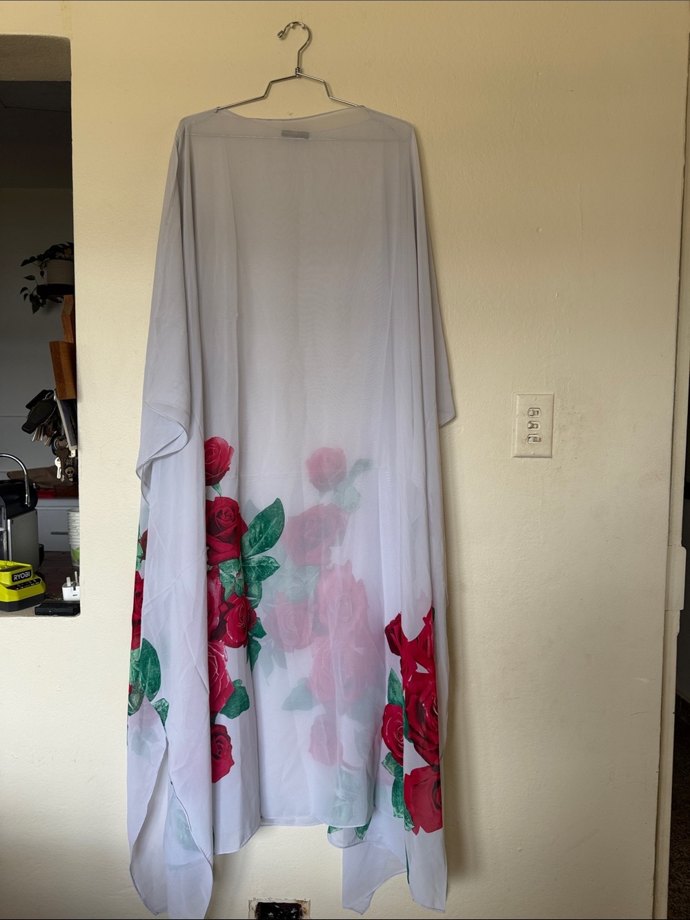 White Floral Rose Kimono Kaftan Maxi Dress Cover-Up One Size